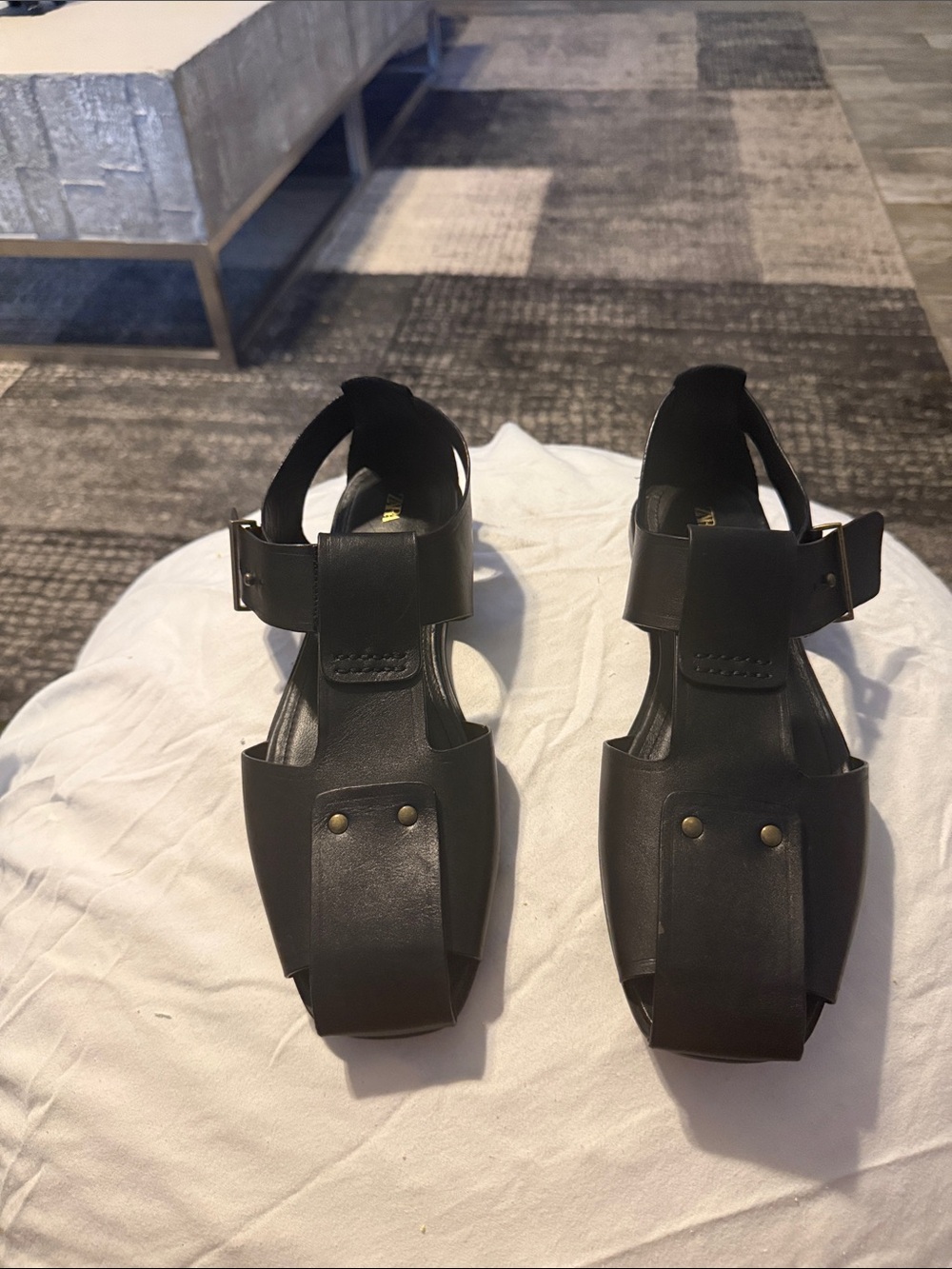 Zara Black Leather Stud Accent Slingback Sandals